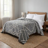 Charcoal and Off White Geometric Queen Cotton Coverlet With Fringe