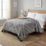 Charcoal and Off White Geometric King Cotton Coverlet With Fringe