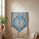 45" X 26" Blue Aqua And Ivory Flower Floral Cotton Macrame Hanging Tapestry