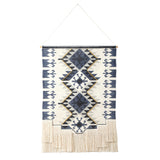 26" X 47" Blue And Off White Southwestern Cotton Macrame Hanging Tapestry
