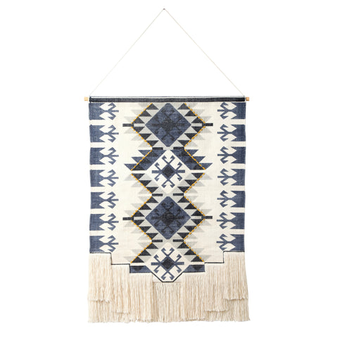 26" X 47" Blue And Off White Southwestern Cotton Macrame Hanging Tapestry