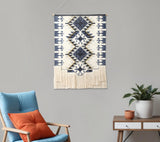 26" X 47" Blue And Off White Southwestern Cotton Macrame Hanging Tapestry