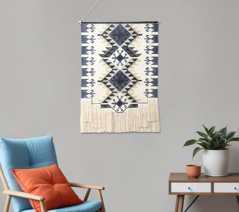 26" X 47" Blue And Off White Southwestern Cotton Macrame Hanging Tapestry
