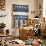 26" X 51" Denim Blue And White Geometric Cotton Macrame Hanging Tapestry