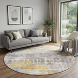 8' Gray and Yellow Round Abstract Non Skid Area Rug