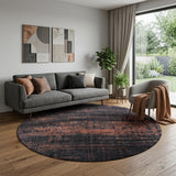 8' Black and Gold Round Abstract Non Skid Area Rug