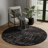5' Black And Gray Abstract Washable Round Rug