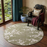 5' Green And White Oriental ,Washable, Non Skid Round Rug