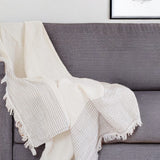 47" X 60" Beige and Ivory Cotton Woven Striped Throw Blanket with Fringe