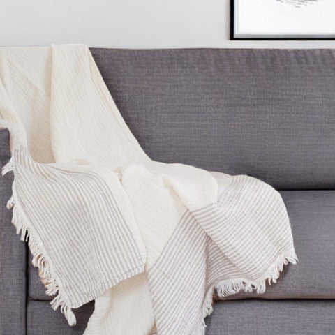 47" X 60" Beige and Ivory Cotton Woven Striped Throw Blanket with Fringe