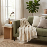 50" X 60" White And Brown Cotton Blend Woven Striped Throw Blanket with Fringe