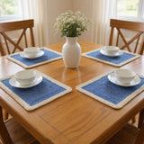 19" Set of Four Blue And Natural Solid With Border Cotton Placemats