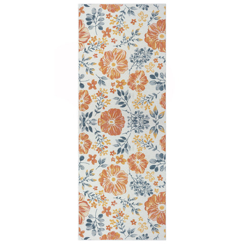 2' X 8' Ivory Orange and Blue Floral Stain Resistant Indoor Outdoor Runner Rug