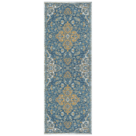 2' X 8' Blue and Ivory Medallion Stain Resistant Indoor Outdoor Runner Rug