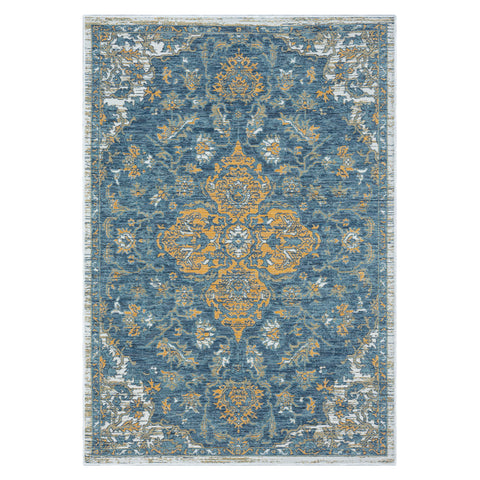 5' X 7' Blue and Ivory Medallion Stain Resistant Indoor Outdoor Area Rug