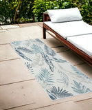 2' X 8' Blue and Serene White Palm Leaf Stain Resistant Indoor Outdoor Runner Rug
