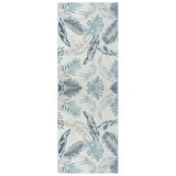 2' X 8' Blue and Serene White Palm Leaf Stain Resistant Indoor Outdoor Runner Rug