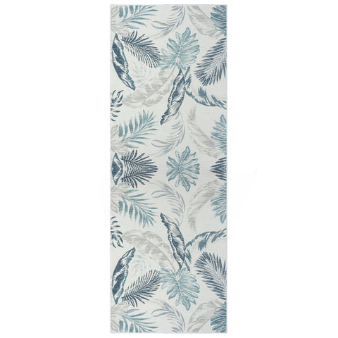 2' X 8' Blue and Serene White Palm Leaf Stain Resistant Indoor Outdoor Runner Rug