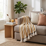 50" X 60" Gold and Ivory Woven Cotton Striped Throw Blanket with Tassels