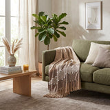 50" X 60" Brown and Beige Woven Cotton Striped Throw Blanket with Tassels and Embroidery
