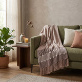 50" X 60" Taupe and Gray Woven Cotton Striped Throw Blanket with Fringe