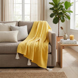 50" X 60" Yellow Woven Cotton Throw Blanket with Tassels
