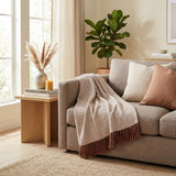 50" X 60" Beige and Brown Woven Cotton Herringbone Throw Blanket with Fringe