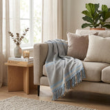 50" X 60" Blue Gray and Beige Woven Cotton Plaid Throw Blanket with Fringe