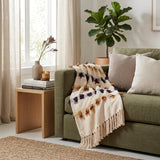 50" X 60" Ivory Blue and Yellow Woven Cotton Striped Throw Blanket with Tassels and Fringe