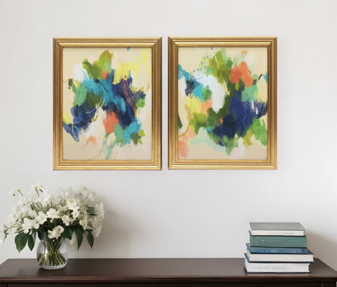 Set Of Two Orange Blue Yellow Abstracts Gold Framed Print Wall Art