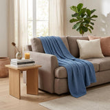 Queen Denim Blue Cotton Cable Knit Blanket