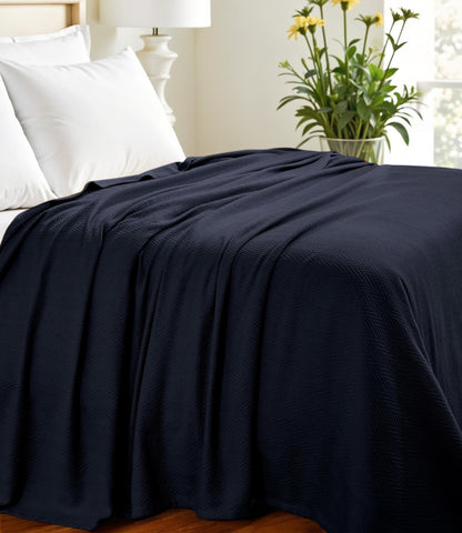 California King Navy Blue Cotton Woven Chevron Blanket