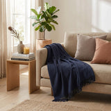 King Navy Blue Cotton Woven Chevron Blanket
