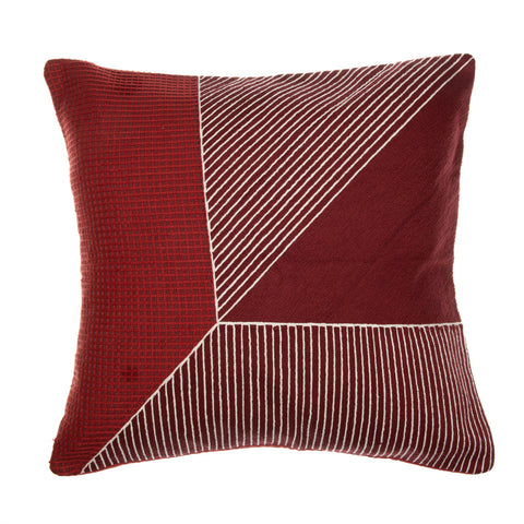 20" Red and White Geometric Cotton Throw Pillow With Embroidery