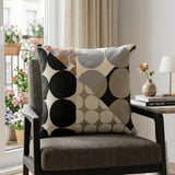 24" Beige and Black Geometric Cotton Throw Pillow With Embroidery