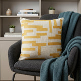 24" Yellow and Ivory Geometric Cotton Blend Throw Pillow With Embroidery