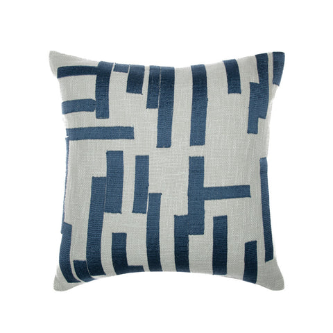 24" Blue and Ivory Geometric Cotton Blend Throw Pillow With Embroidery