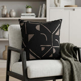 24" Beige and Black Geometric Cotton Blend Throw Pillow With Embroidery