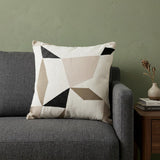 24" Taupe and Ivory Geometric Cotton Blend Throw Pillow With Embroidery