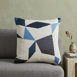 24" Ivory and Blue Geometric Cotton Blend Throw Pillow  With Embroidery