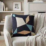 20" Blue and Beige Geometric Cotton Blend Throw Pillow With Embroidery