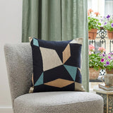 24" Blue and Beige Geometric Cotton Blend Throw Pillow With Embroidery