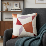 20" Ivory Red and Orange Geometric Cotton Blend Throw Pillow With Embroidery