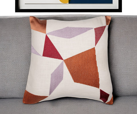 24" Ivory Geometric Cotton Blend Throw Pillow With Embroidery