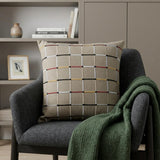 24" Beige Check Cotton Blend Throw Pillow With Embroidery