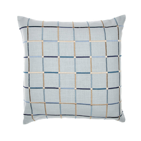 24" Light Blue Check Cotton Blend Throw Pillow  With Embroidery