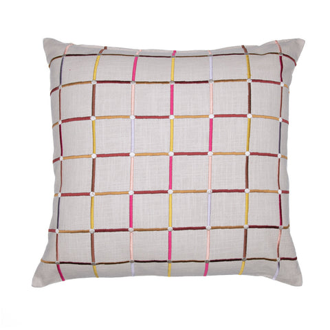 20" White Check Cotton Blend Throw Pillow With Embroidery