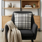 24" White and Black Check Cotton Blend Throw Pillow With Embroidery