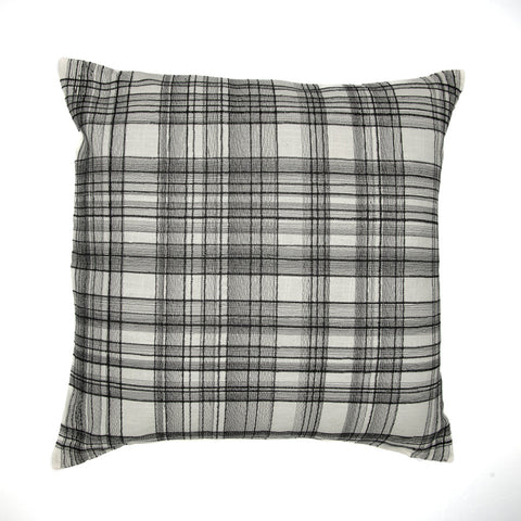 24" White and Black Check Cotton Blend Throw Pillow With Embroidery