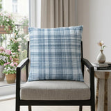 20" Blue Check Cotton Blend Throw Pillow With Embroidery